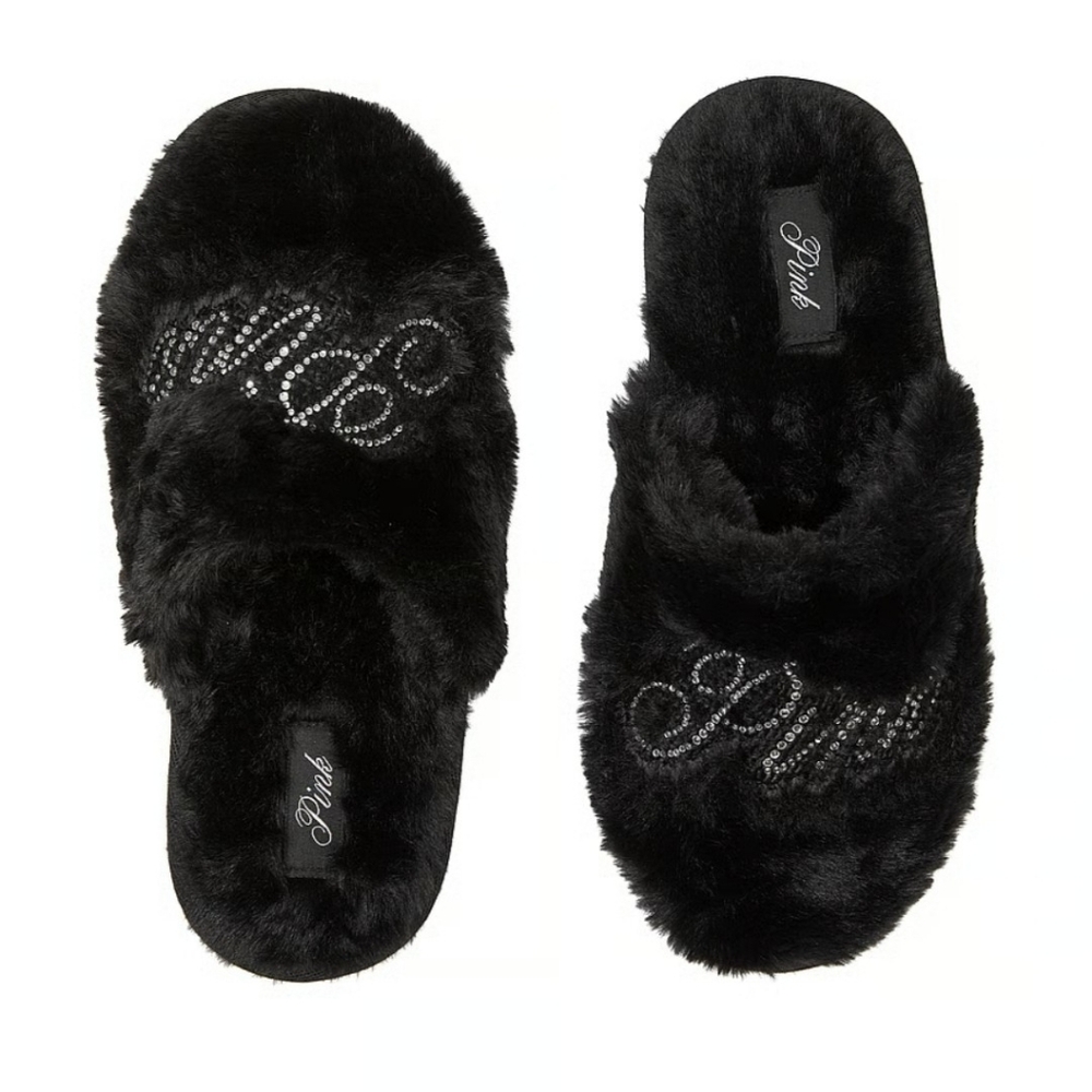 PINK Victoria's Secret Faux Fur Closed Toe Bling Logo Slippers.